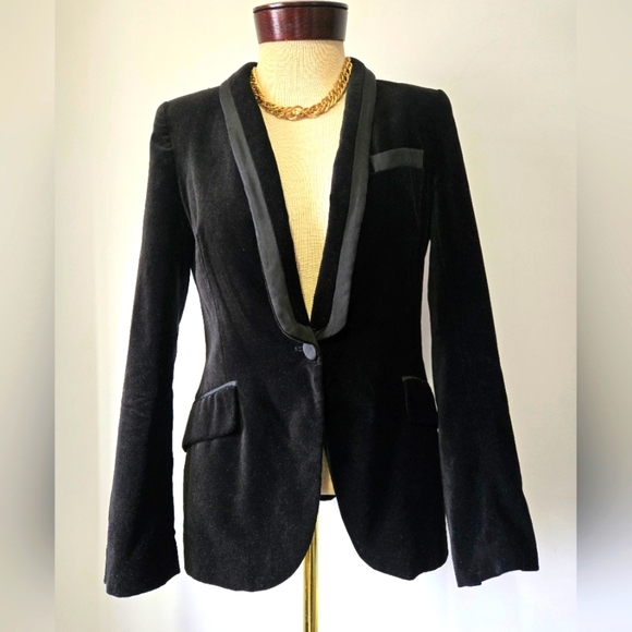 ZARA Black Velvet Blazer With Satin Lined Lapel. Size Medium - Picture 1 of 16